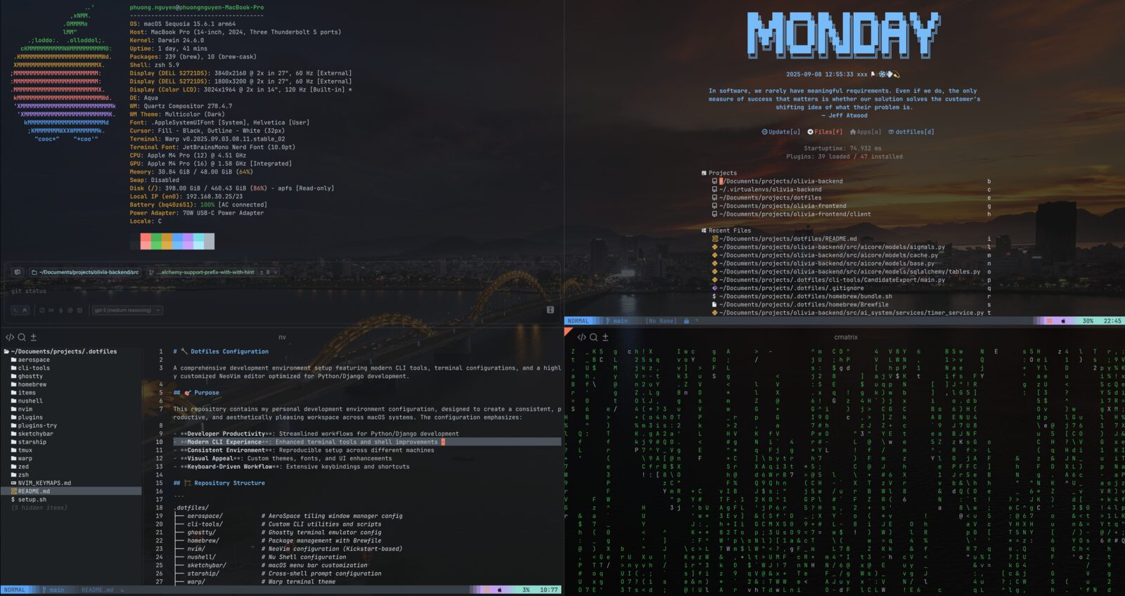 The complete dotfiles environment — AeroSpace tiling, SketchyBar HUD, themed terminals, and Neovim IDE all driven by one repo
